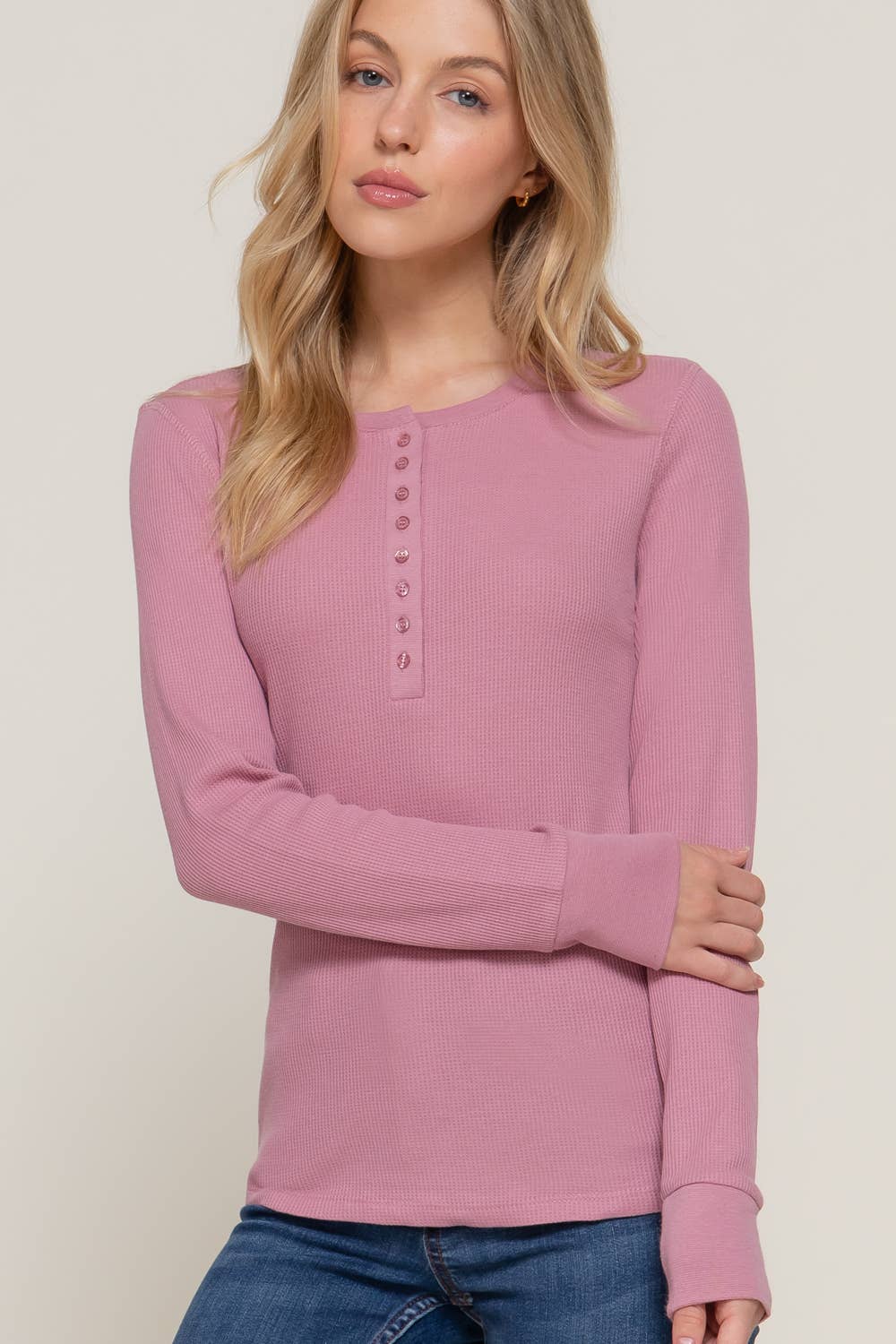 Long Sleeve Henley Thermal Knit Top T11757