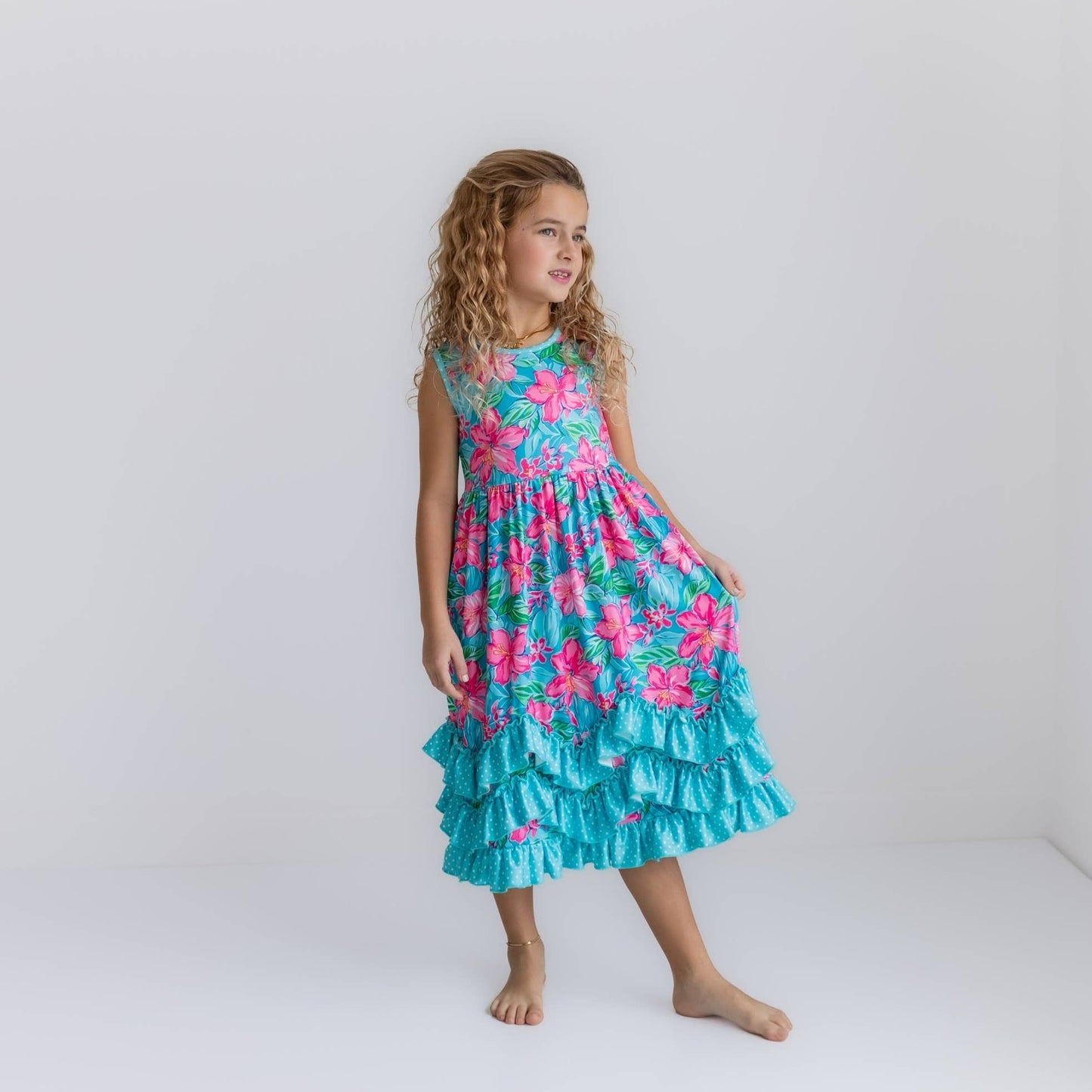 Kids Pink Blue Tropical 3 Ruffle Spring Summer Easter Dress 117522018