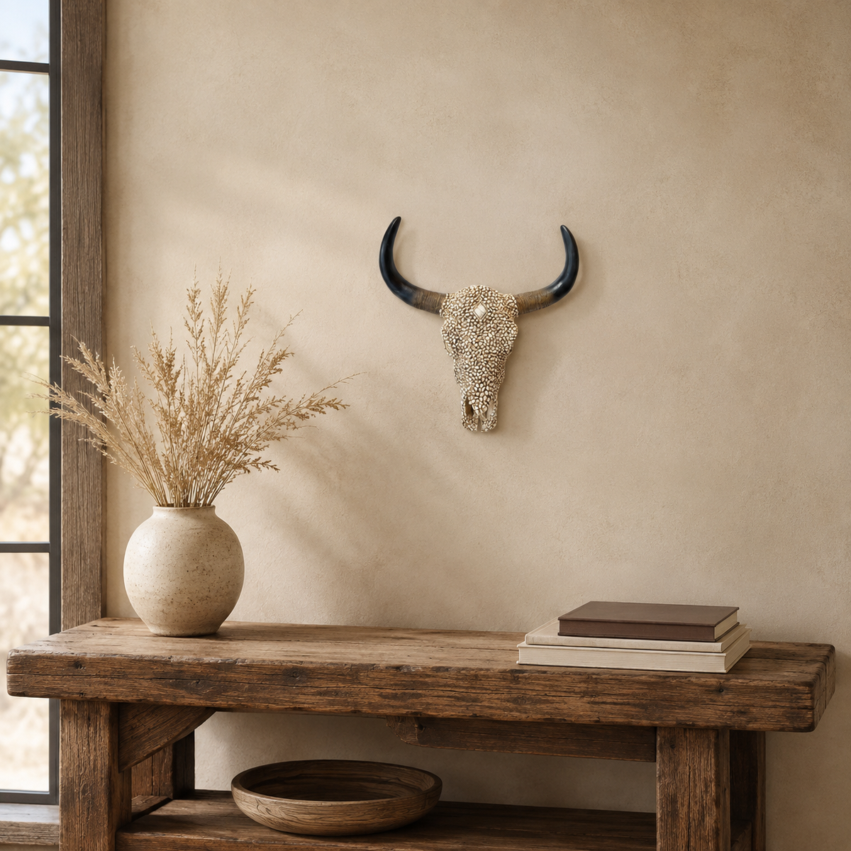 Southwestern Textured Longhorn Skull Wall Décor – Hand-Paint 15456