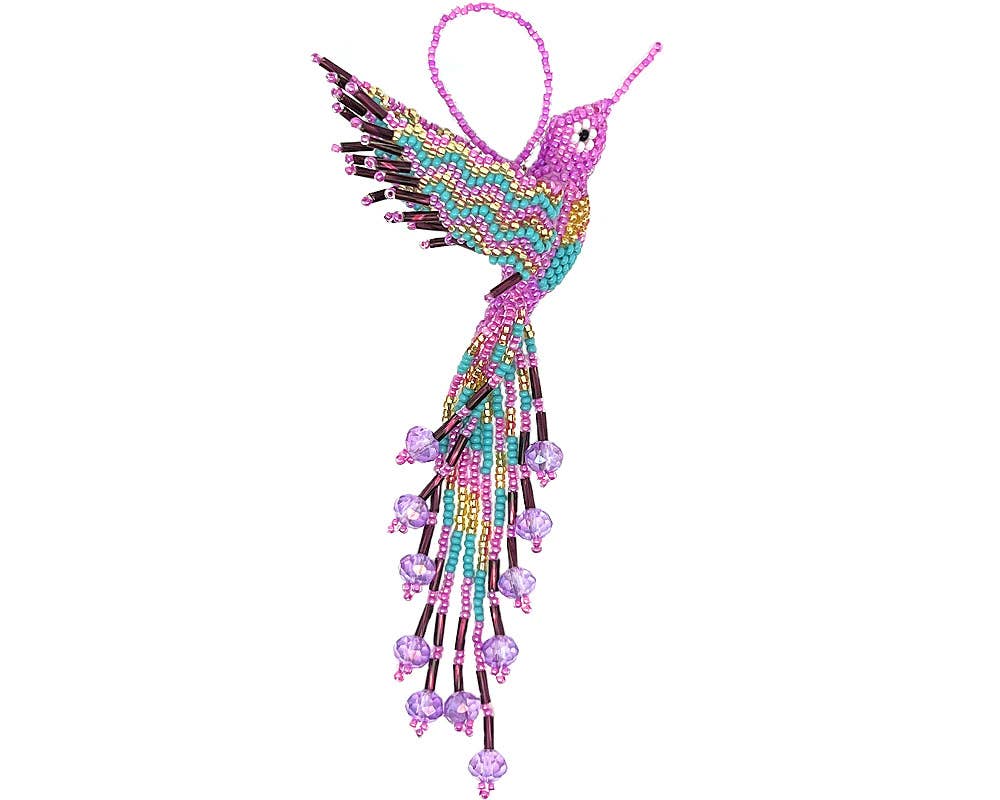 Beaded Hummingbird Ornament Seed Bead Figurine Fringe Dangle