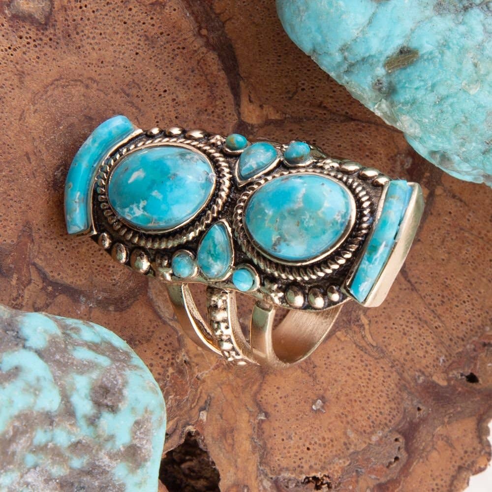 Double Blue Turquoise Golden Shield Ring BARCR01