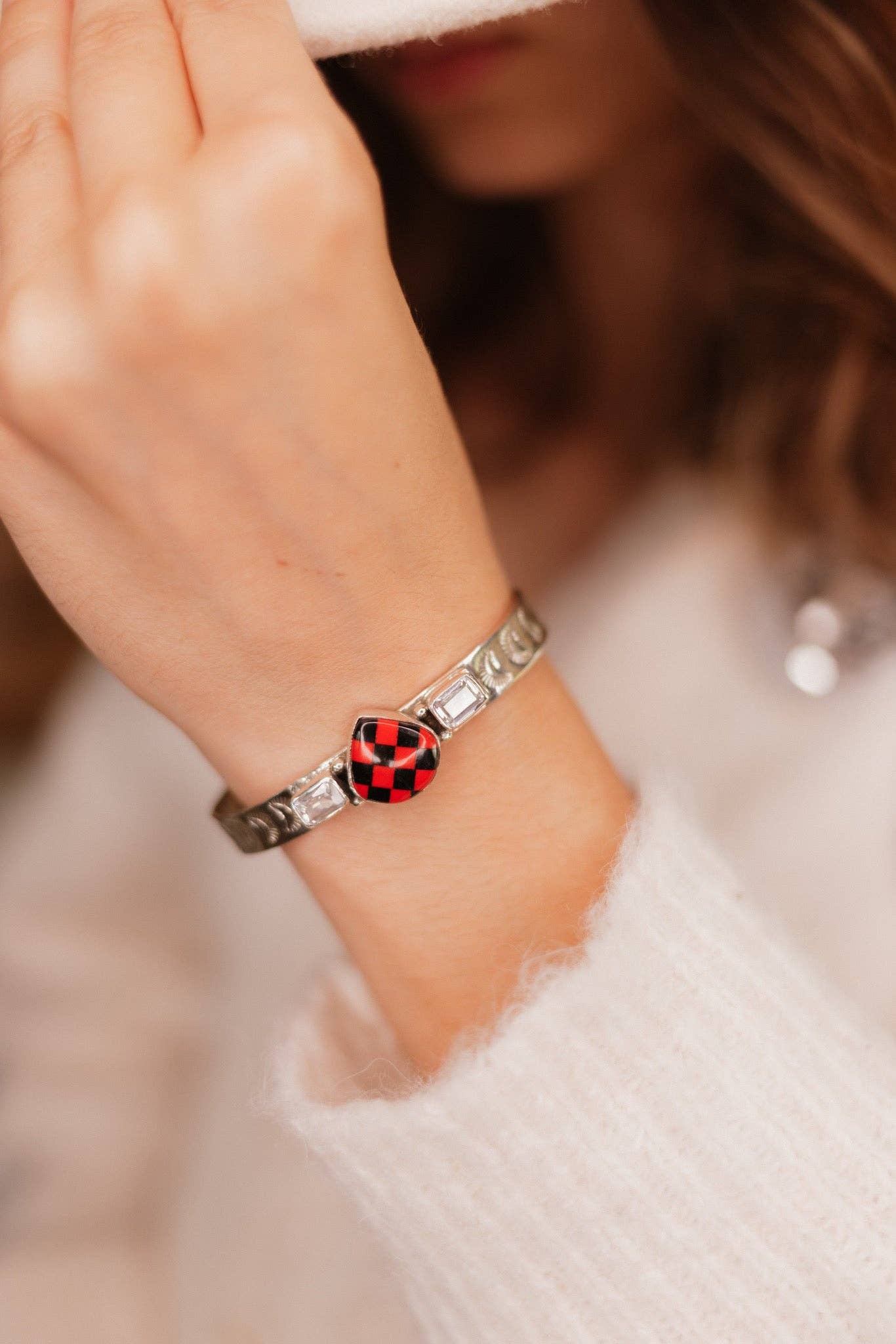 Red Checkered Teardrop & White CZ Cuff J-034