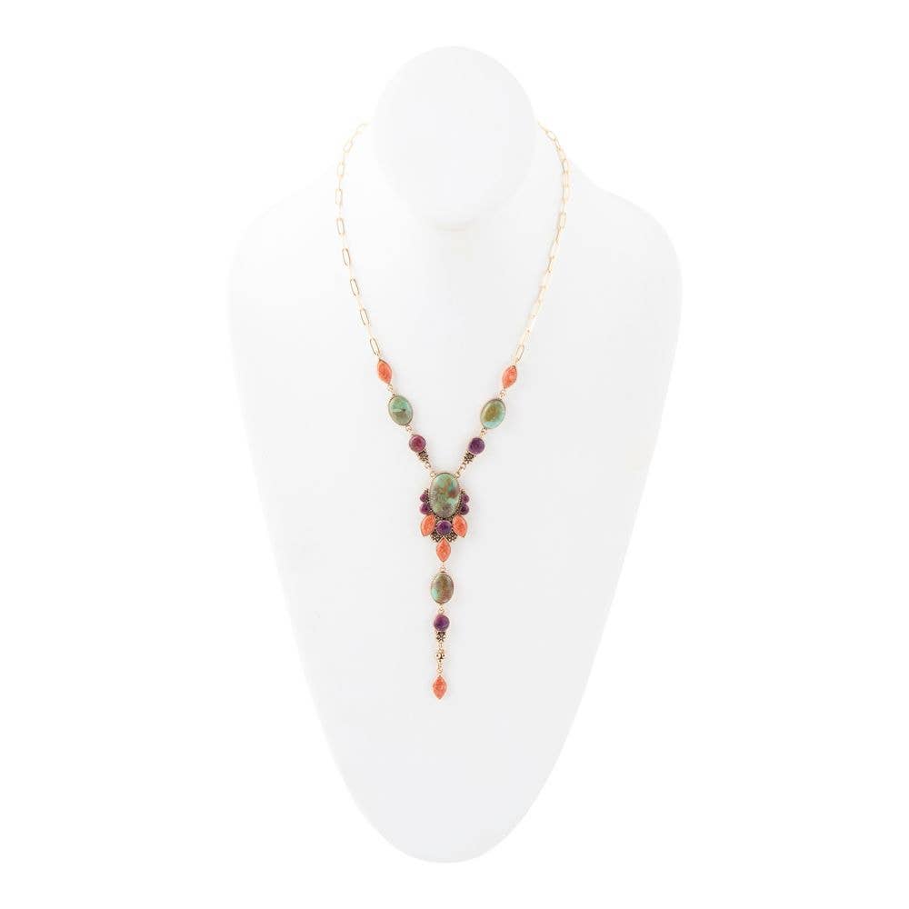 Regalia Blue Turquoise Purple and Orange Coral Golden Y Necklace REGLB02