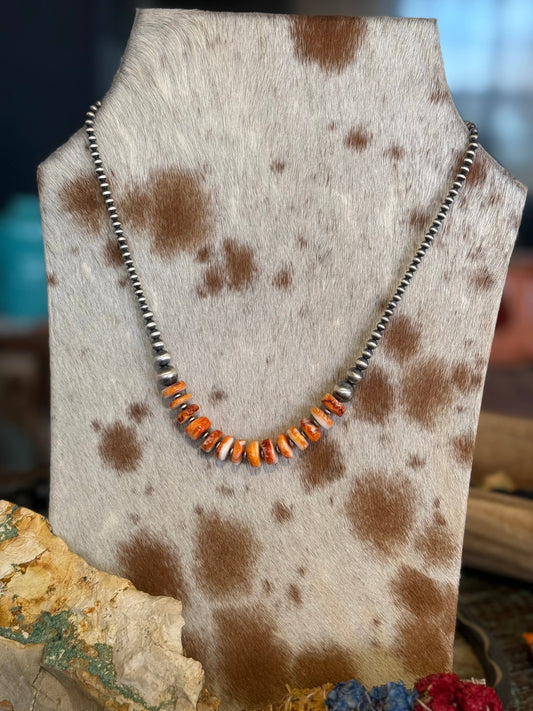 #030 Graduated  Sterling Pearls & Orange Spiny Oyster