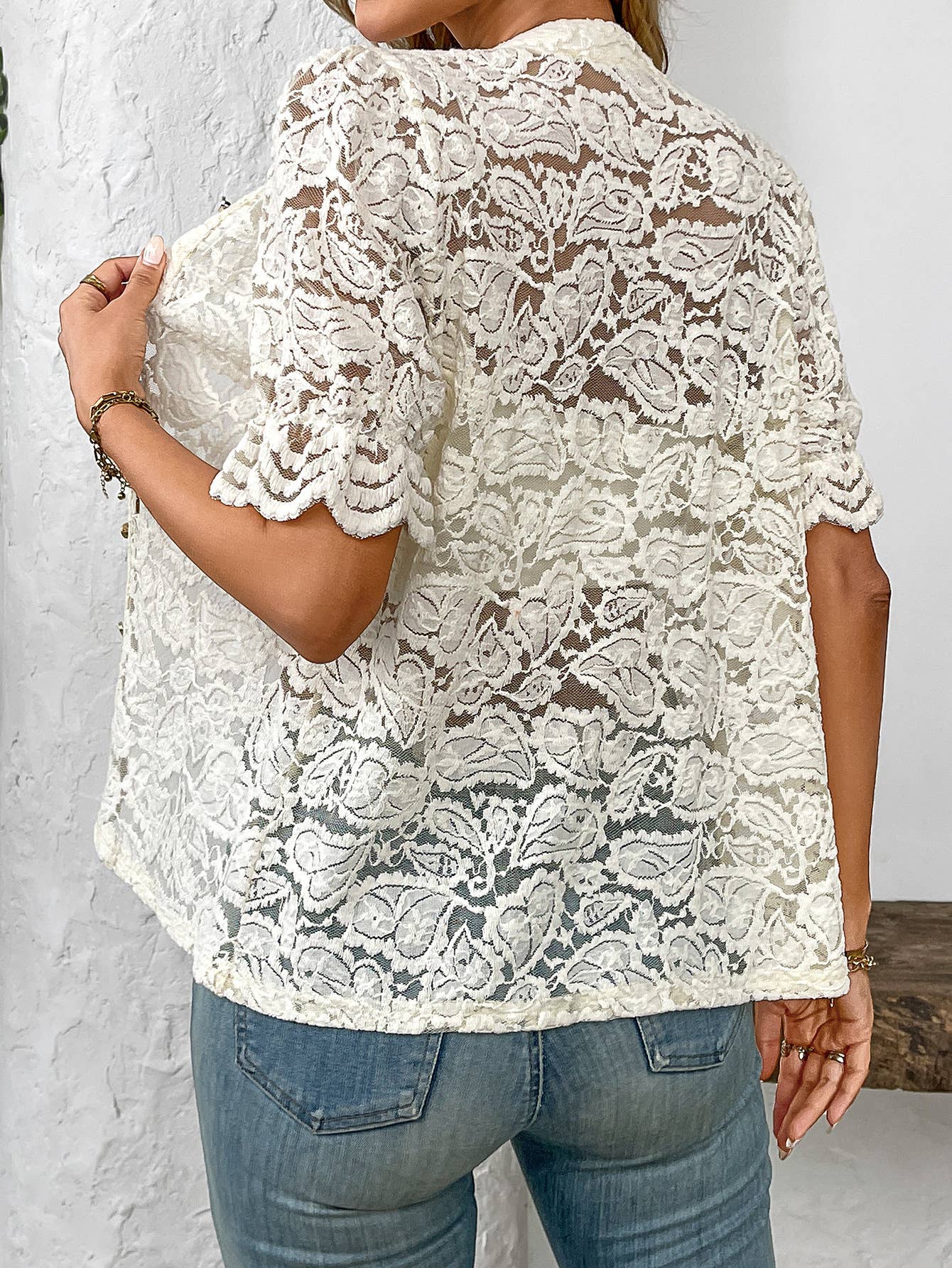 Ecru Crochet Lace Mesh Short Sleeve Buttoned Blouse RCJY04085