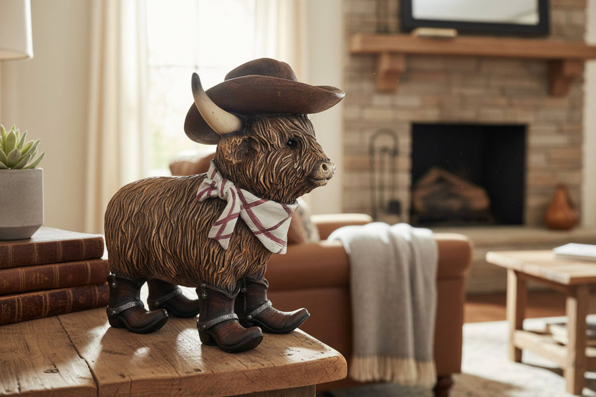 HIGHLAND COW IN COWBOY OUTFIT. 14944