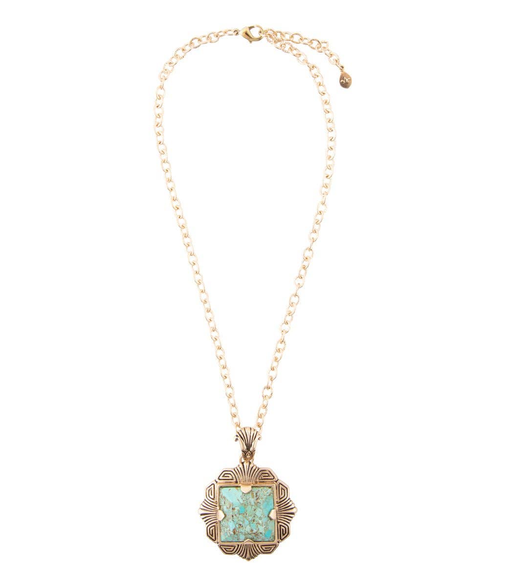 Blue Turquoise Square Golden Pendant Necklace NEFEN03T01B