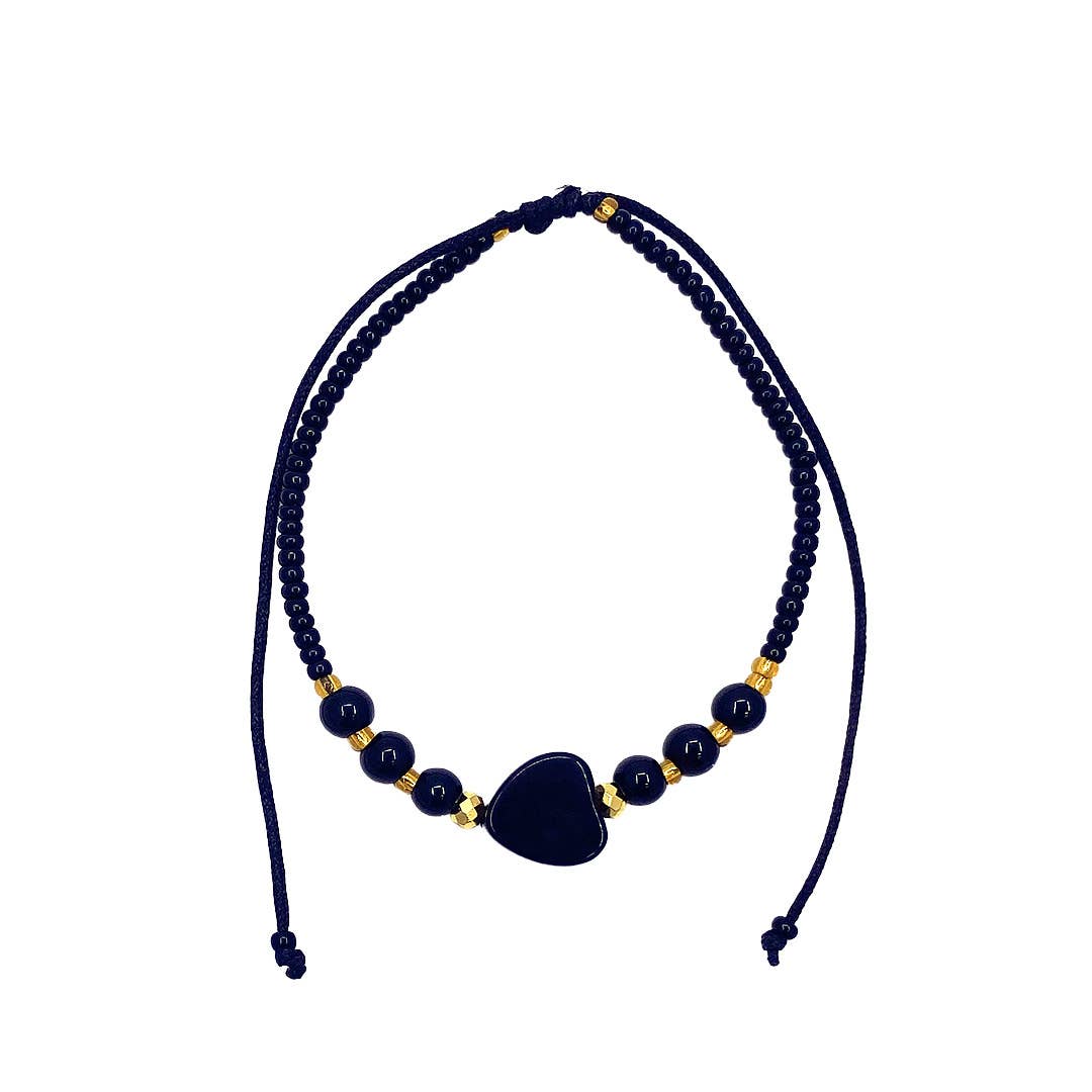 Heart Tumbled Stone Beaded Pull Tie Bracelet  BDBBHRTPTBR