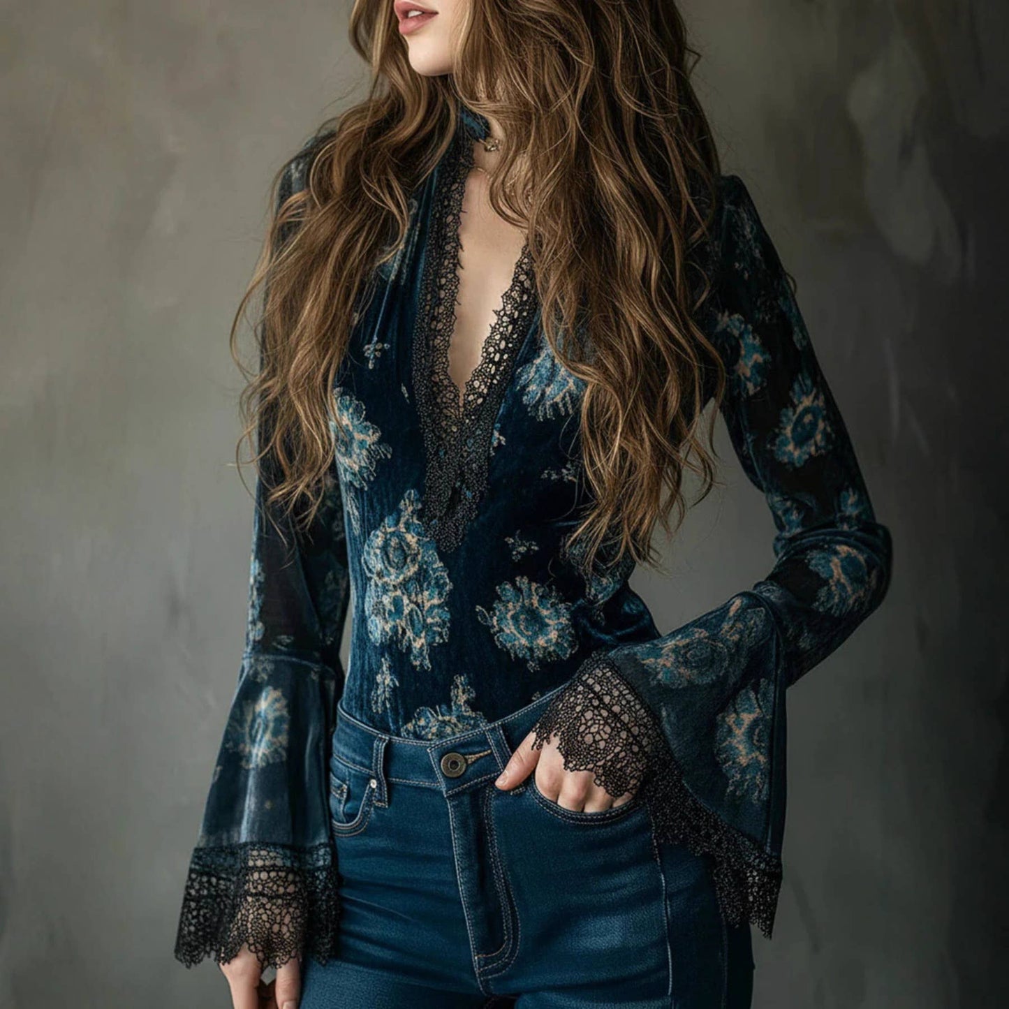 Floral Lace Trim Long Sleeve Blouse