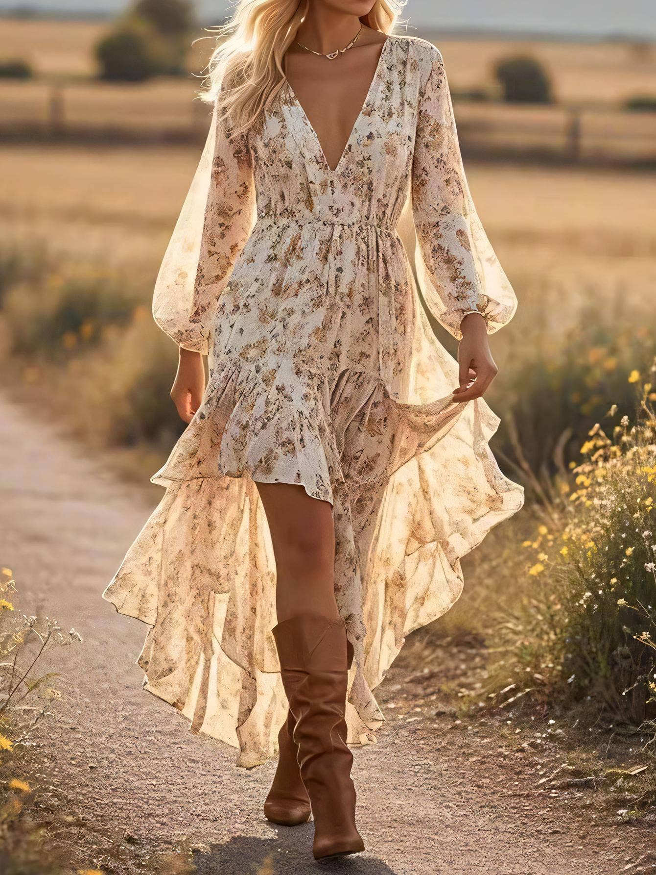V-Neck Floral Printed Bohemian Layered Dress RCXL05627