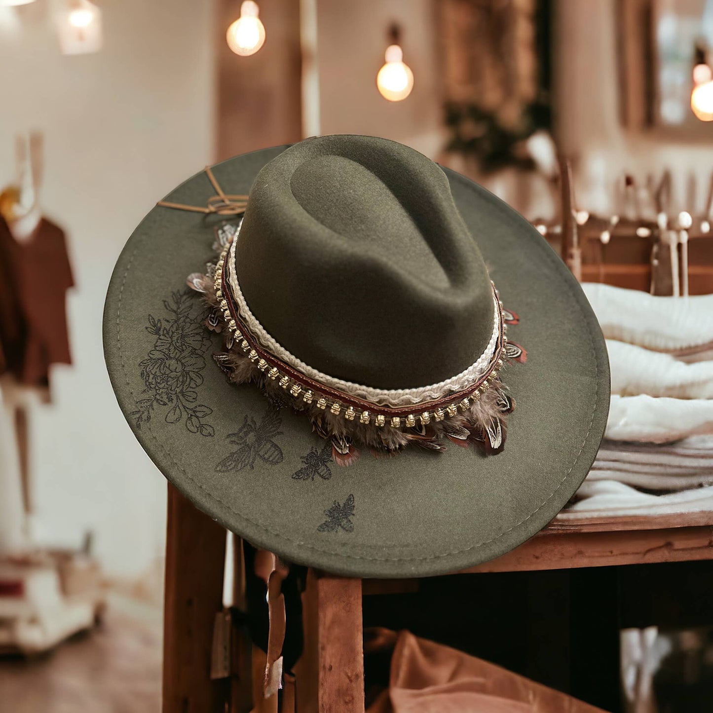 Honey Bee Floral Rancher Hat Burned Hat Western Hat 