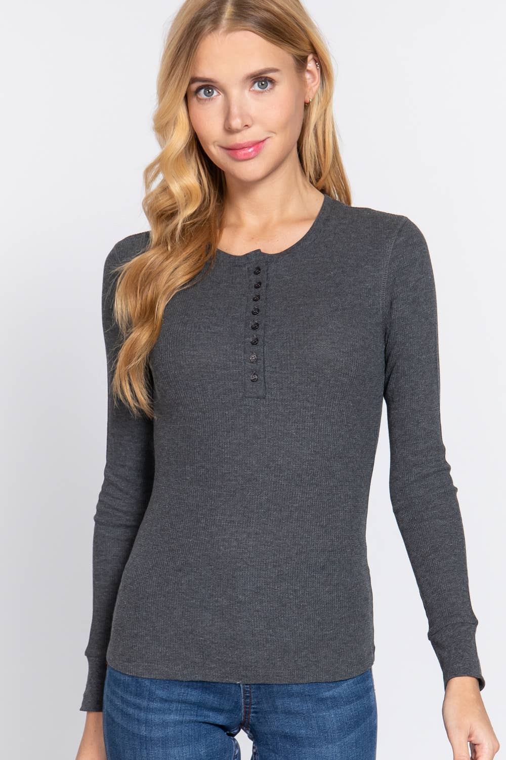 Long Sleeve Henley Thermal Knit Top T11757