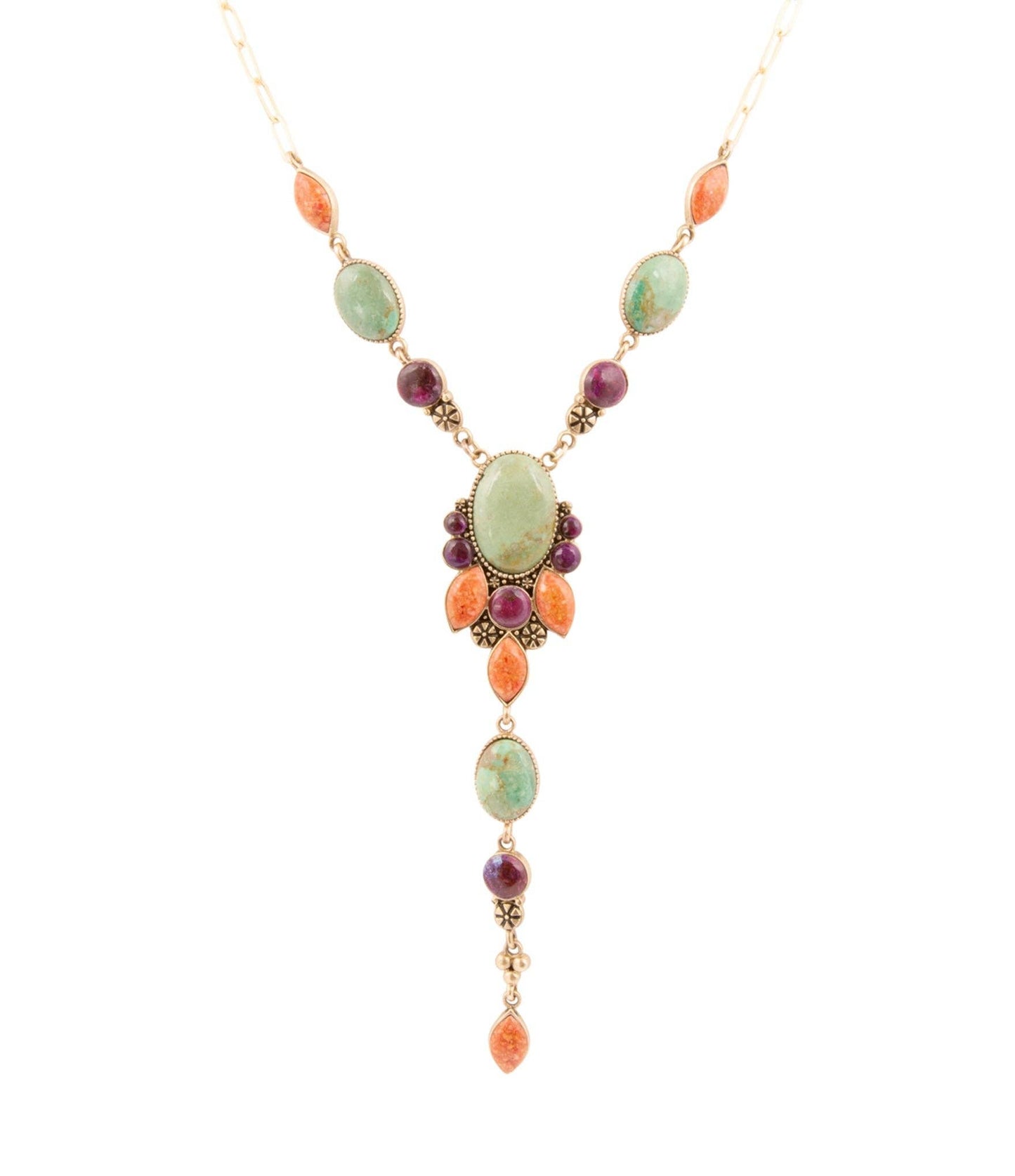 Regalia Blue Turquoise Purple and Orange Coral Golden Y Necklace REGLB02