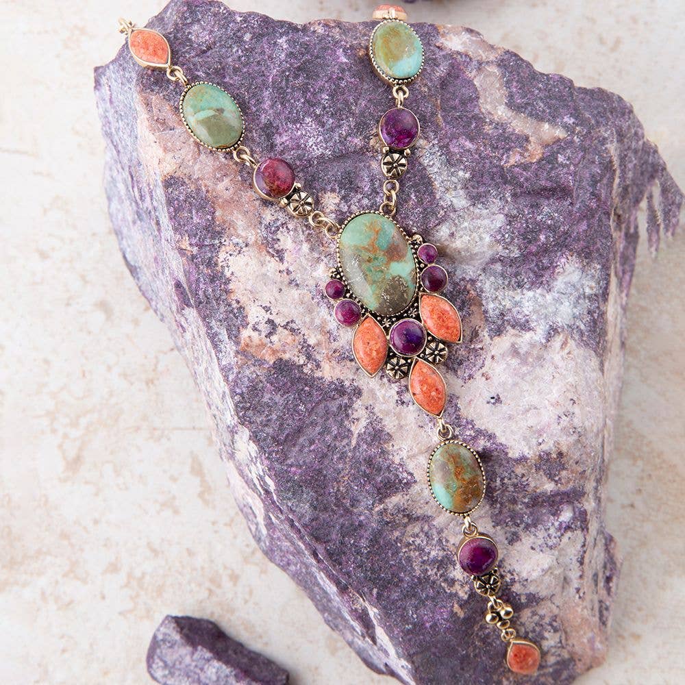 Regalia Blue Turquoise Purple and Orange Coral Golden Y Necklace REGLB02