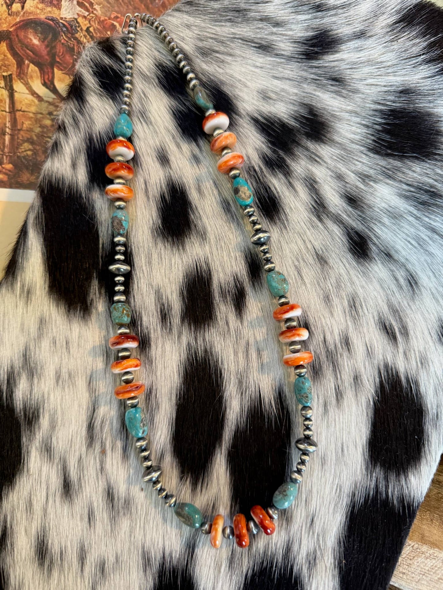 #018 Orange Spiny/Turquoise & Sterling Pearls