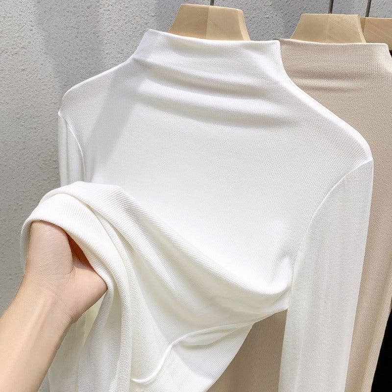 Solid Color High Neck Stretch Long Sleeve T-Shirt 1949