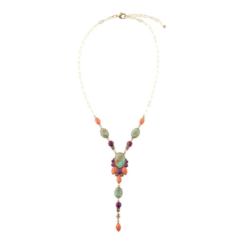 Regalia Blue Turquoise Purple and Orange Coral Golden Y Necklace REGLB02