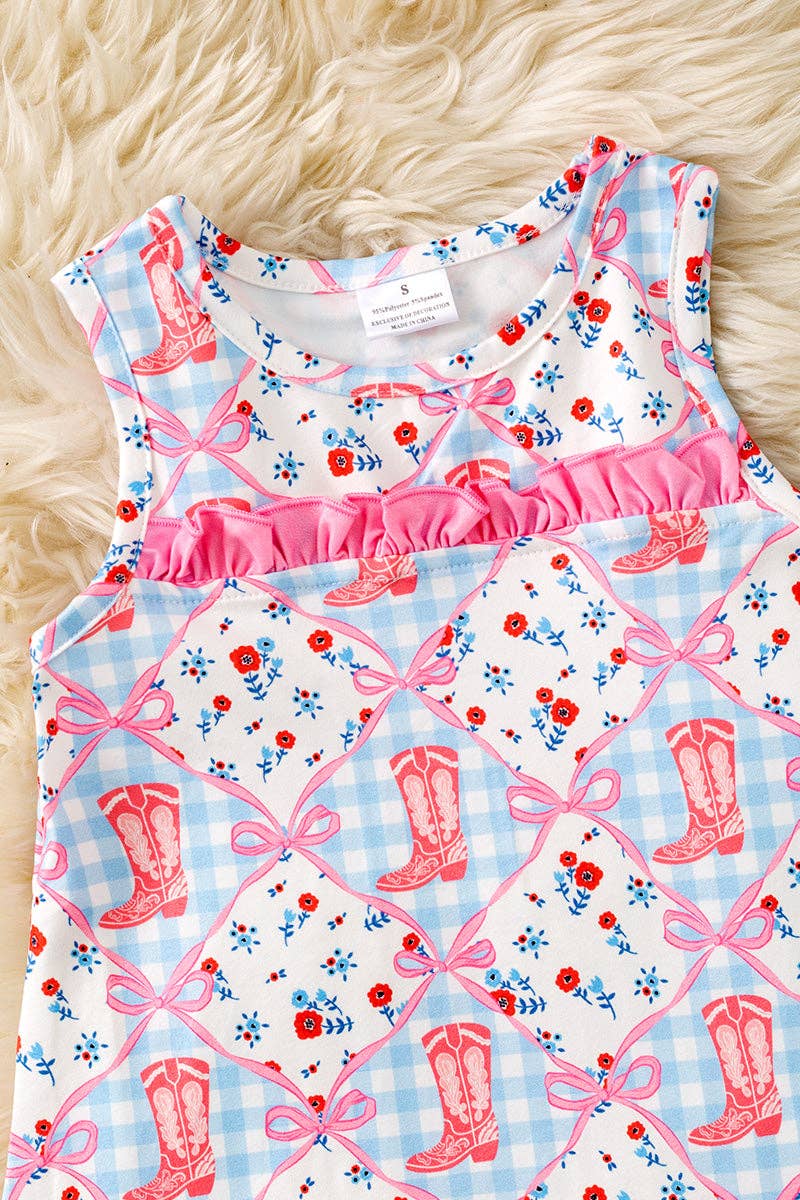 Western boot printed dress with fuchsia ruffle hem DRG61163
