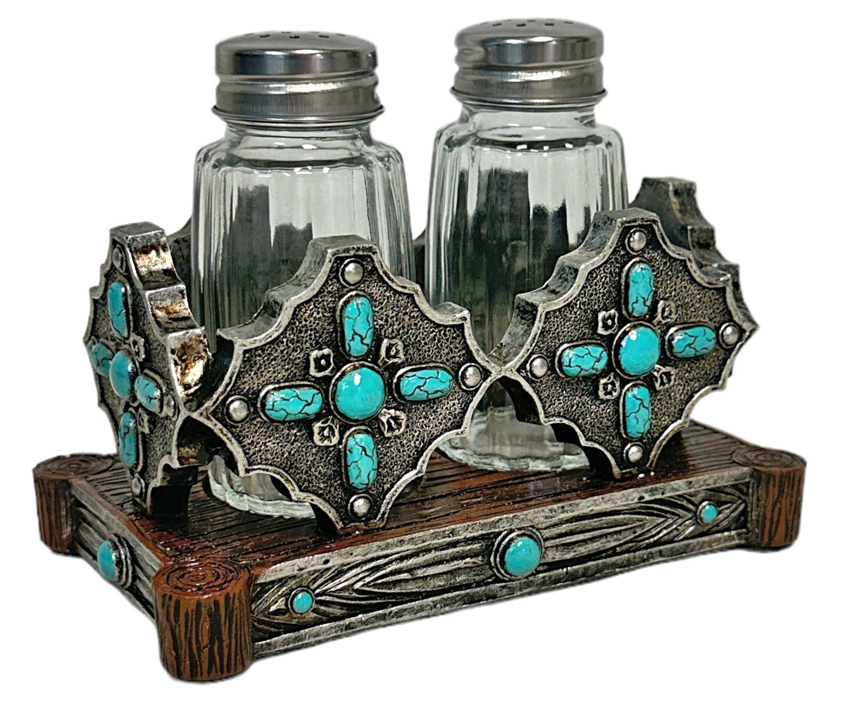 Turquoise Dot Stones Salt and Pepper Shaker Holder Set. 14883