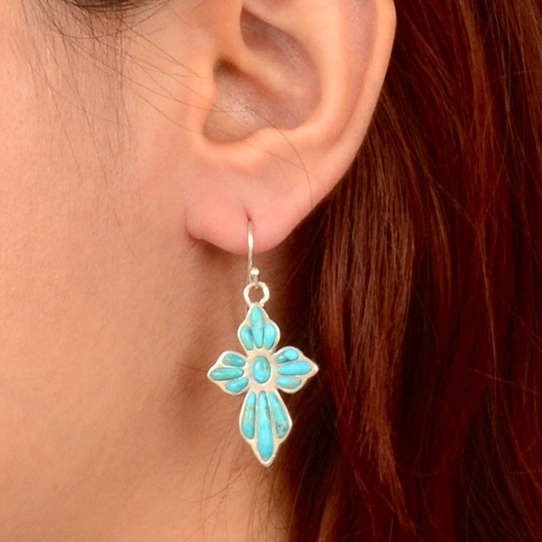 Blue Turquoise Cross Silver Drop Earrings EXCLE293T01P