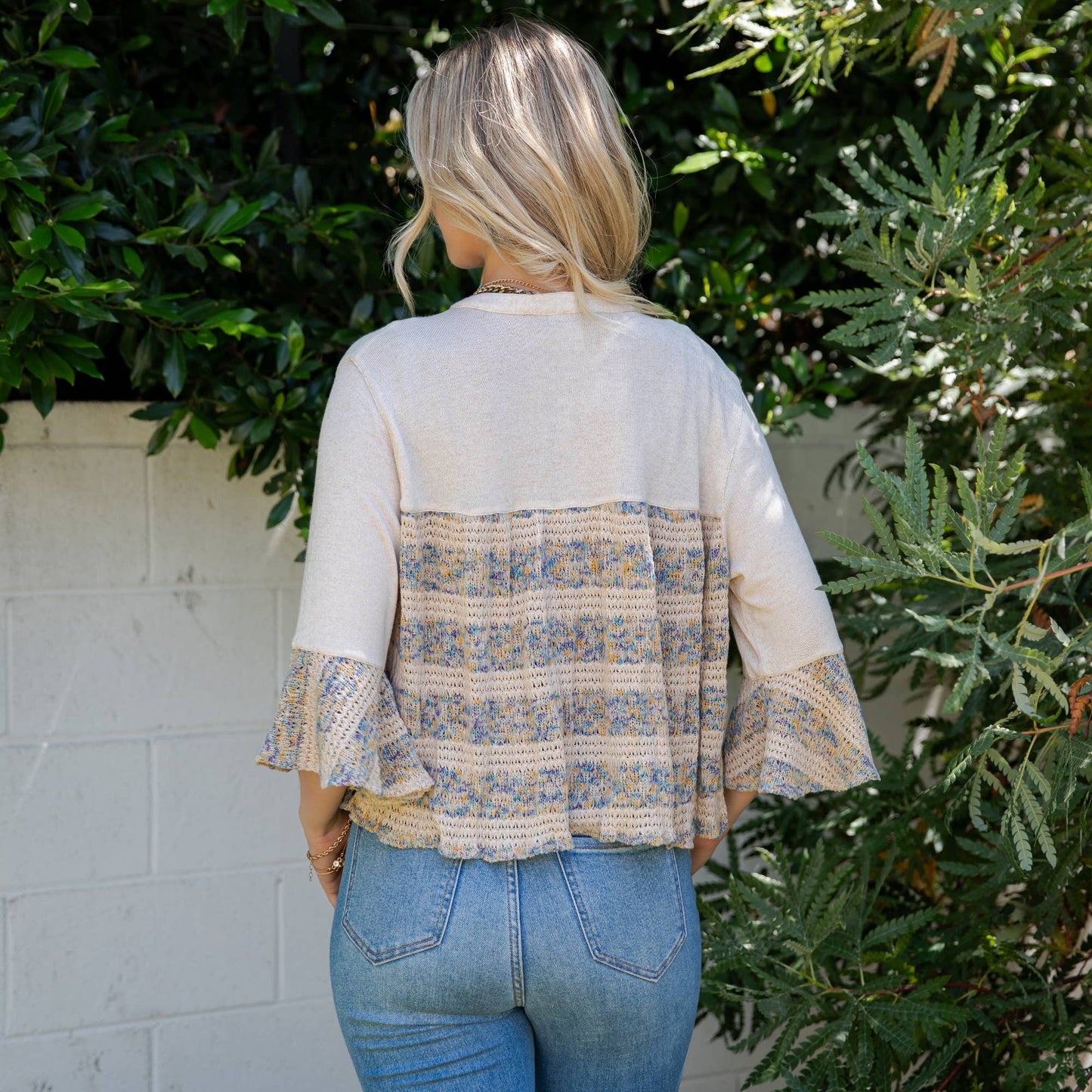 Boho Chic: Tiered Patchwork Denim Cropped Shrug TP44379