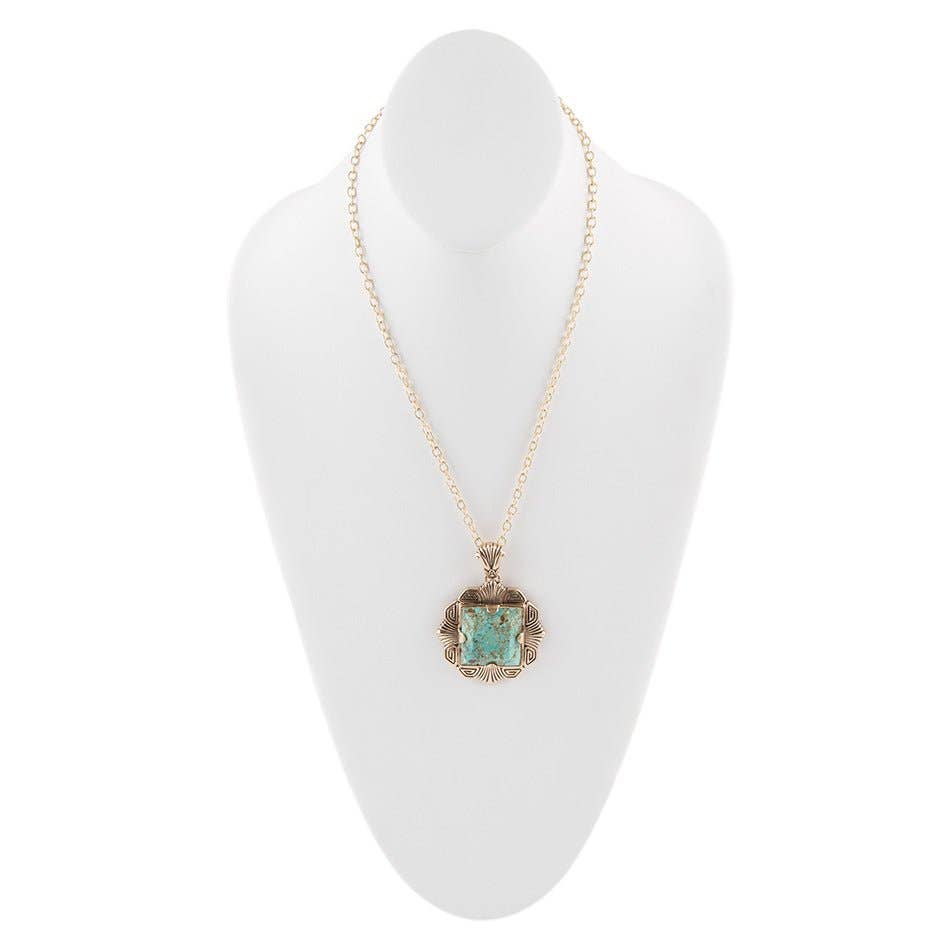 Blue Turquoise Square Golden Pendant Necklace NEFEN03T01B