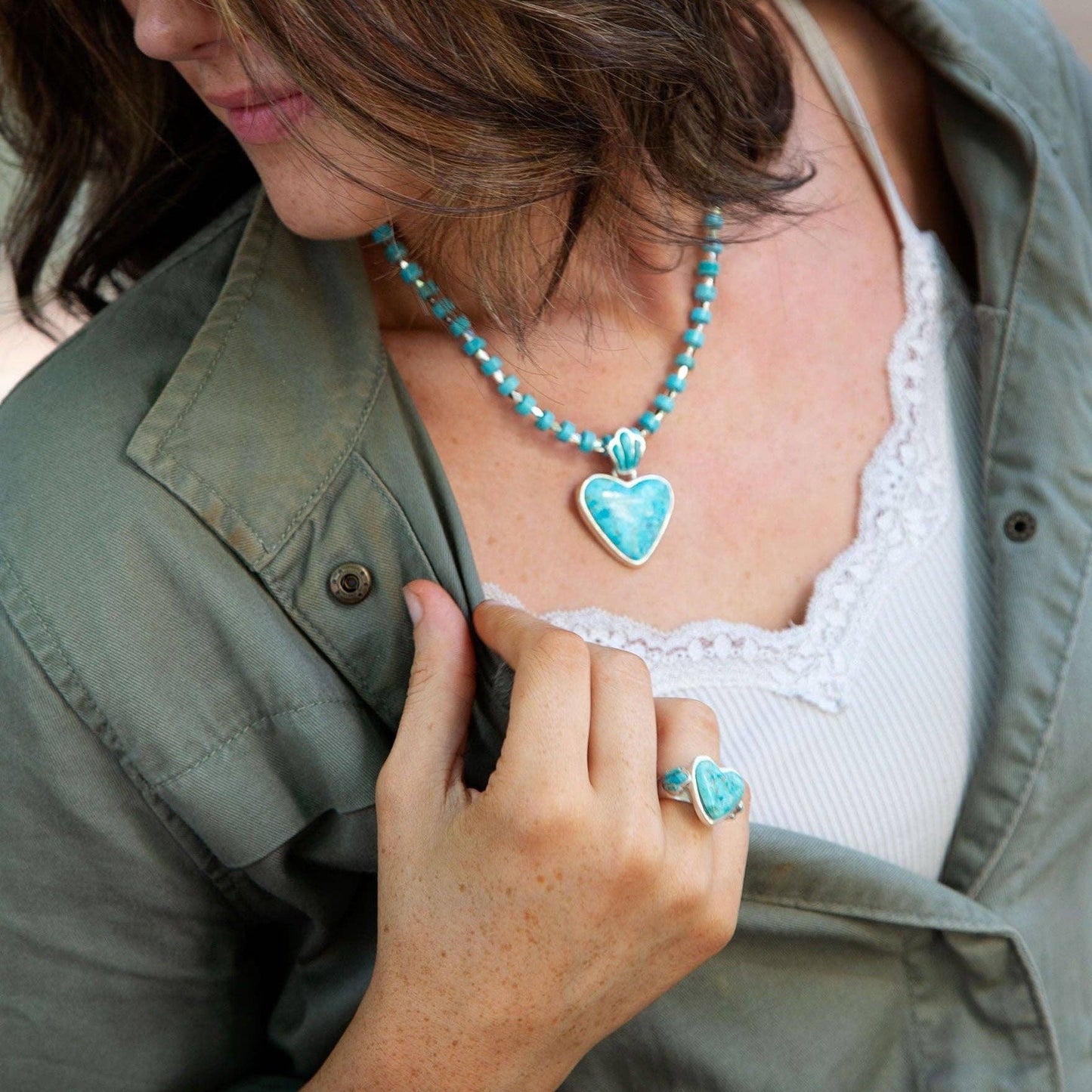 Blue Turquoise Heart Sterling Silver Pendant Necklace