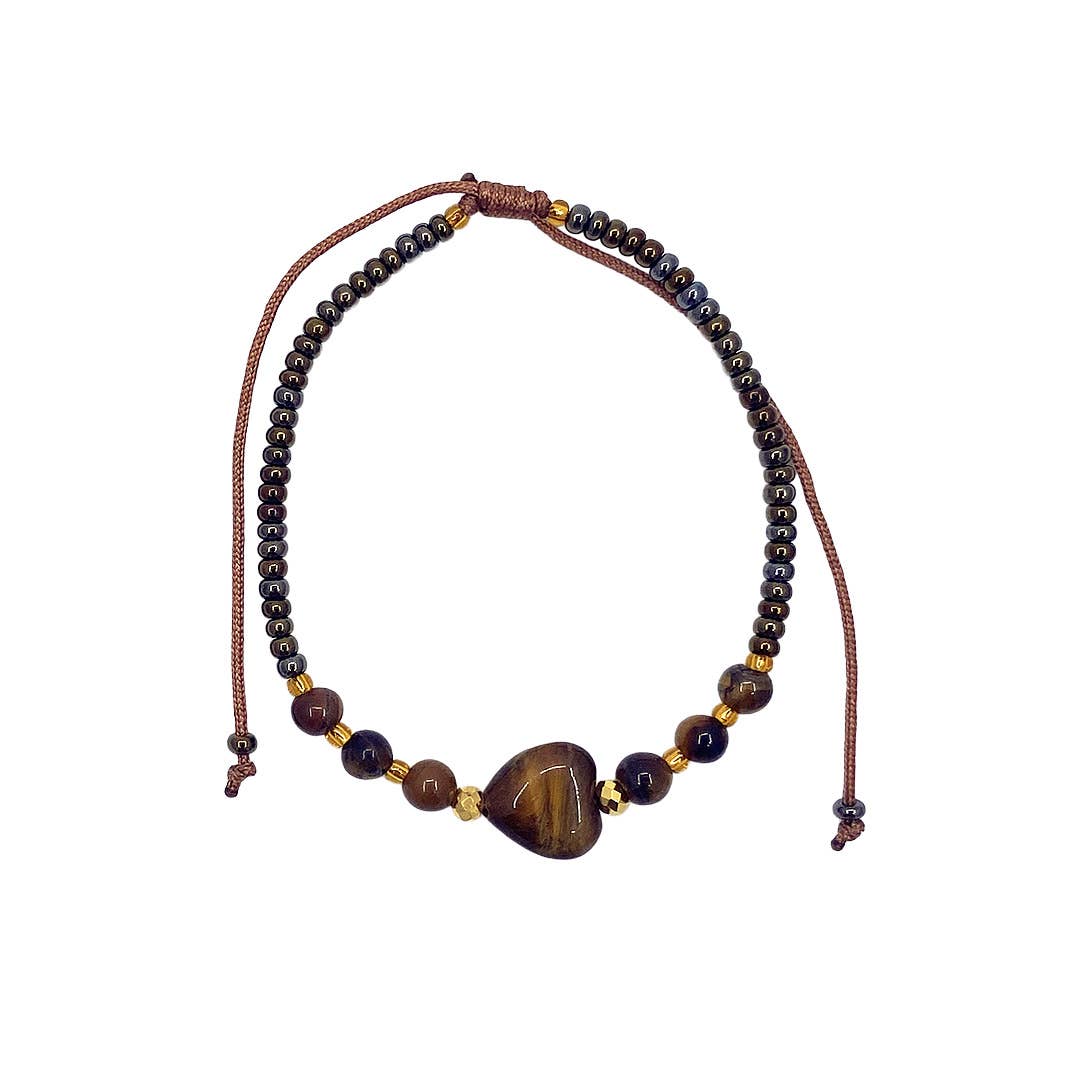 Heart Tumbled Stone Beaded Pull Tie Bracelet  BDBBHRTPTBR