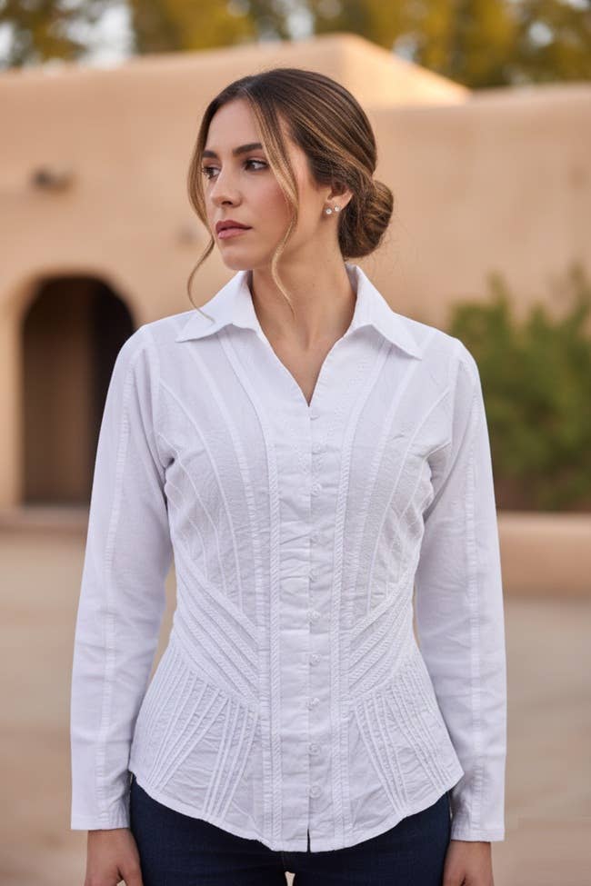 Cotton Blouse Slim-Fit with Contour Stretch Panel LS256