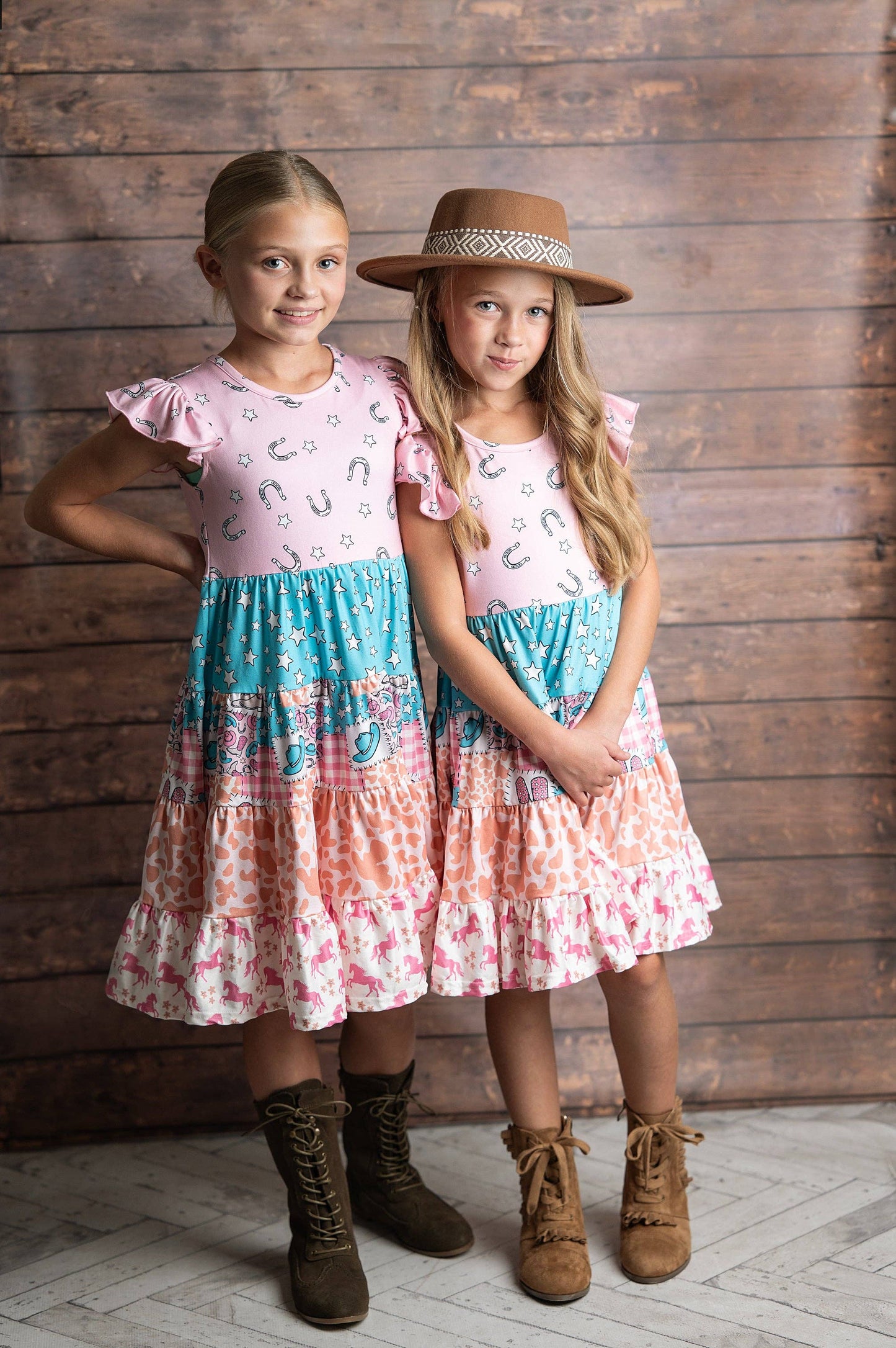 Girls Pink Blue Cowgirl Ruffle Tiered  Dress 26102100186