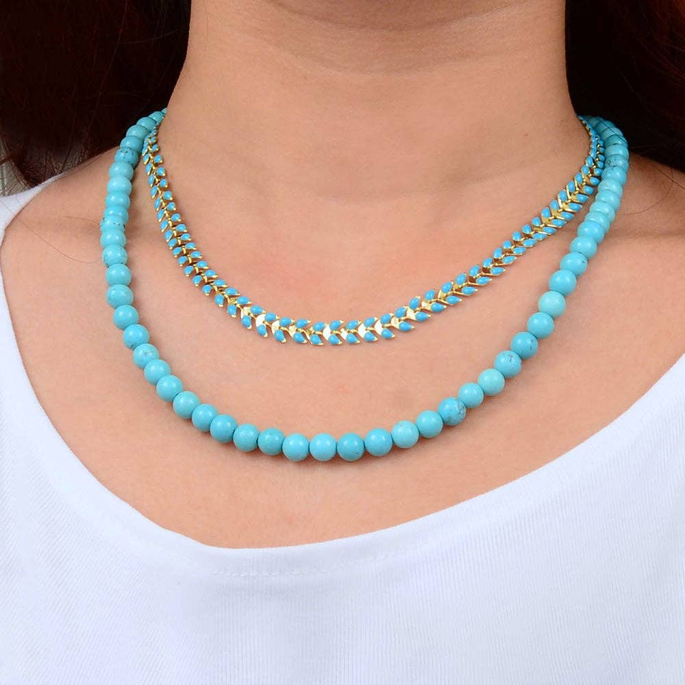 Blue Turquoise Magnesite Layers Golden Chevron Necklace POMGN05B