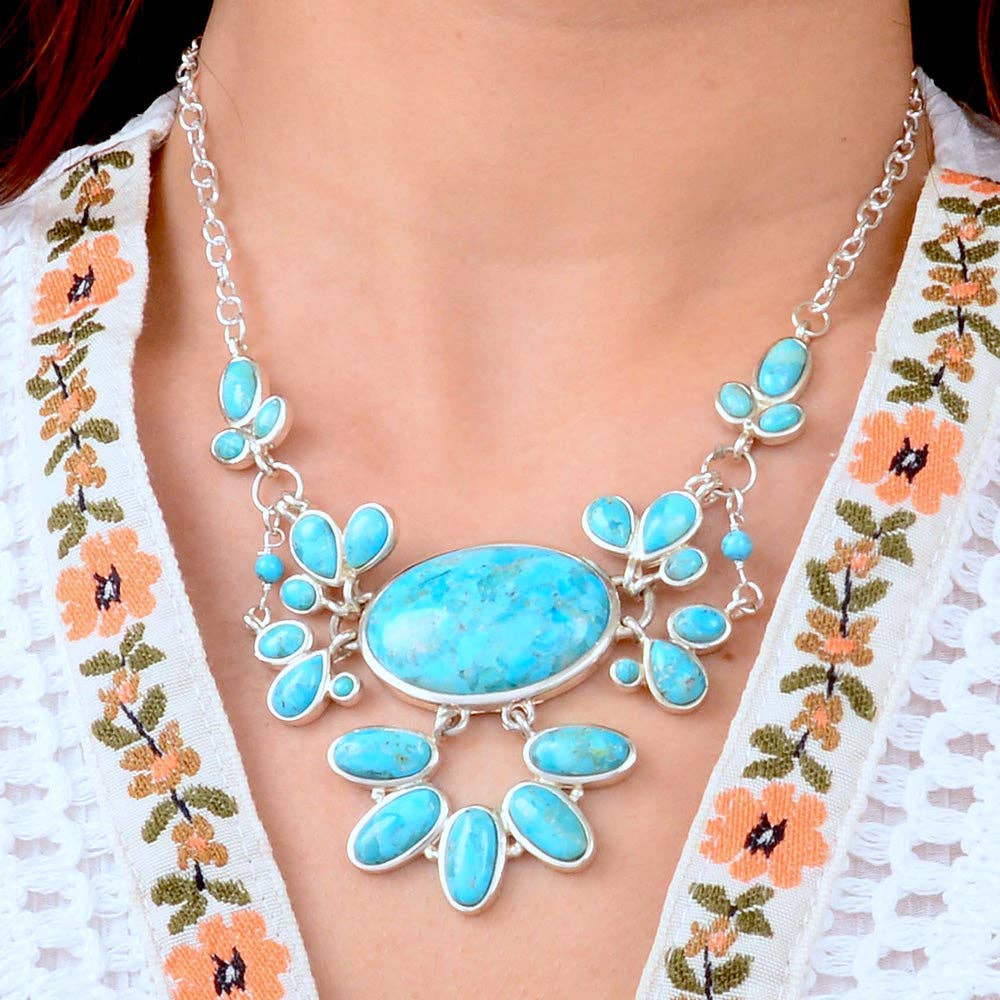 Genuine Blue Turquoise Sterling Silver Statement Necklace MOJAN30TOIS