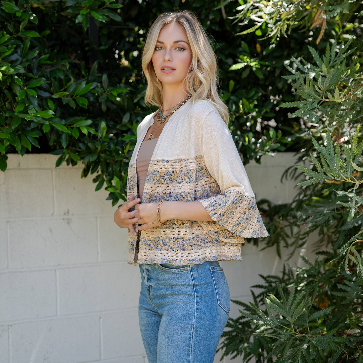 Boho Chic: Tiered Patchwork Denim Cropped Shrug TP44379