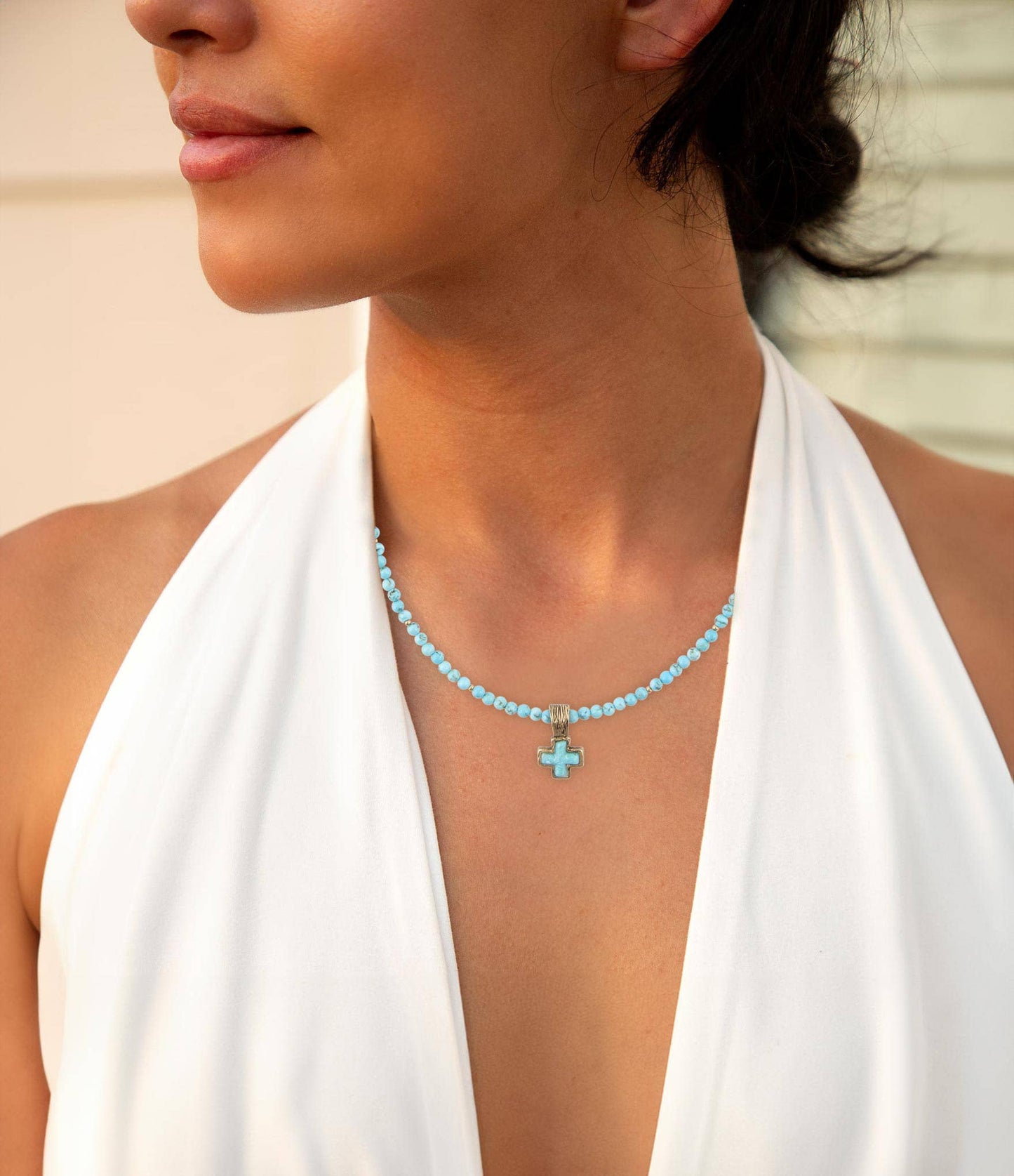Blue Magnesite Cros Golden Pendant Necklace NECK989T01B