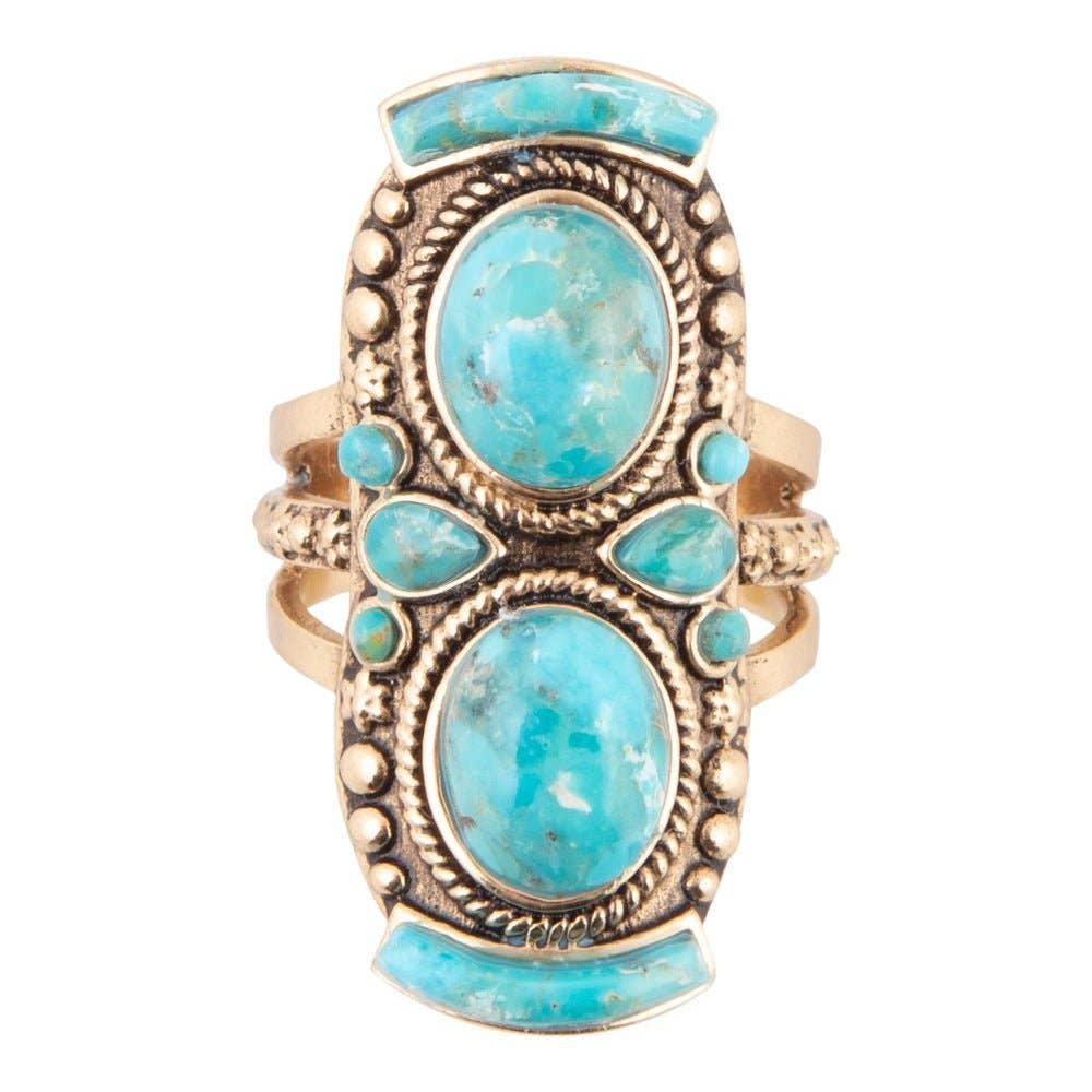 Double Blue Turquoise Golden Shield Ring BARCR01
