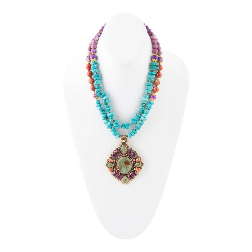 Prescott Blue Turquoise Purple and Orange Statement Pendant Golden Necklace PRSCN01PMUB
