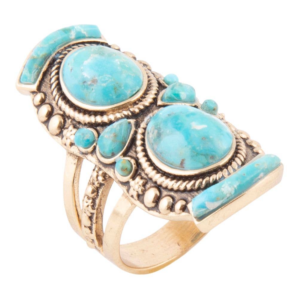 Double Blue Turquoise Golden Shield Ring BARCR01