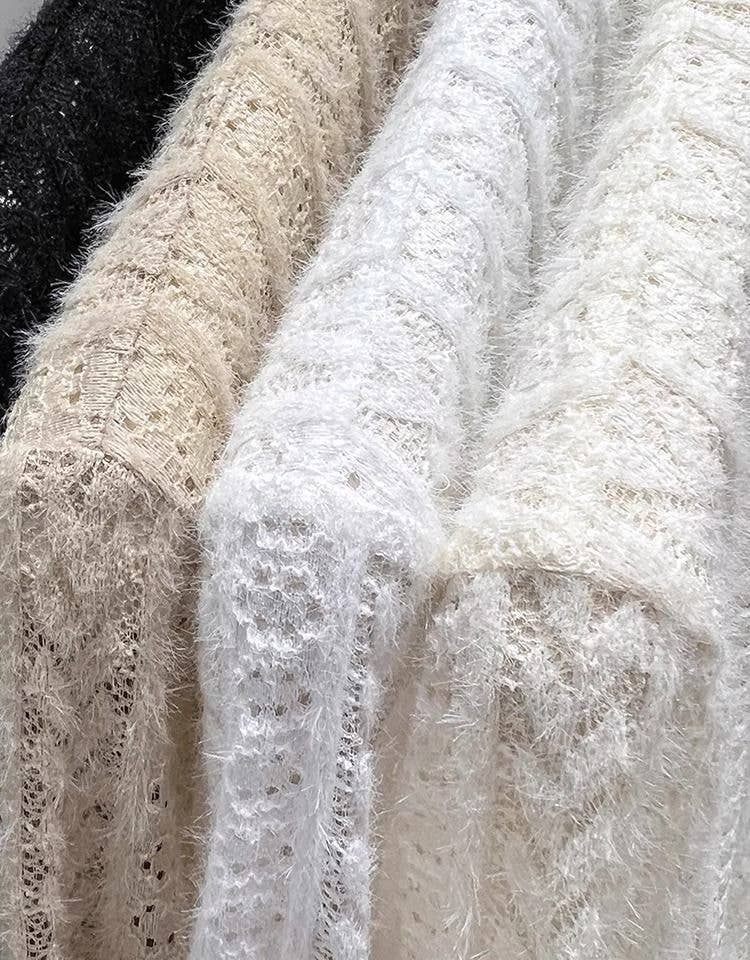 Soft knit Fluffy Texture Lace Mocneck Top Black RCJY05175