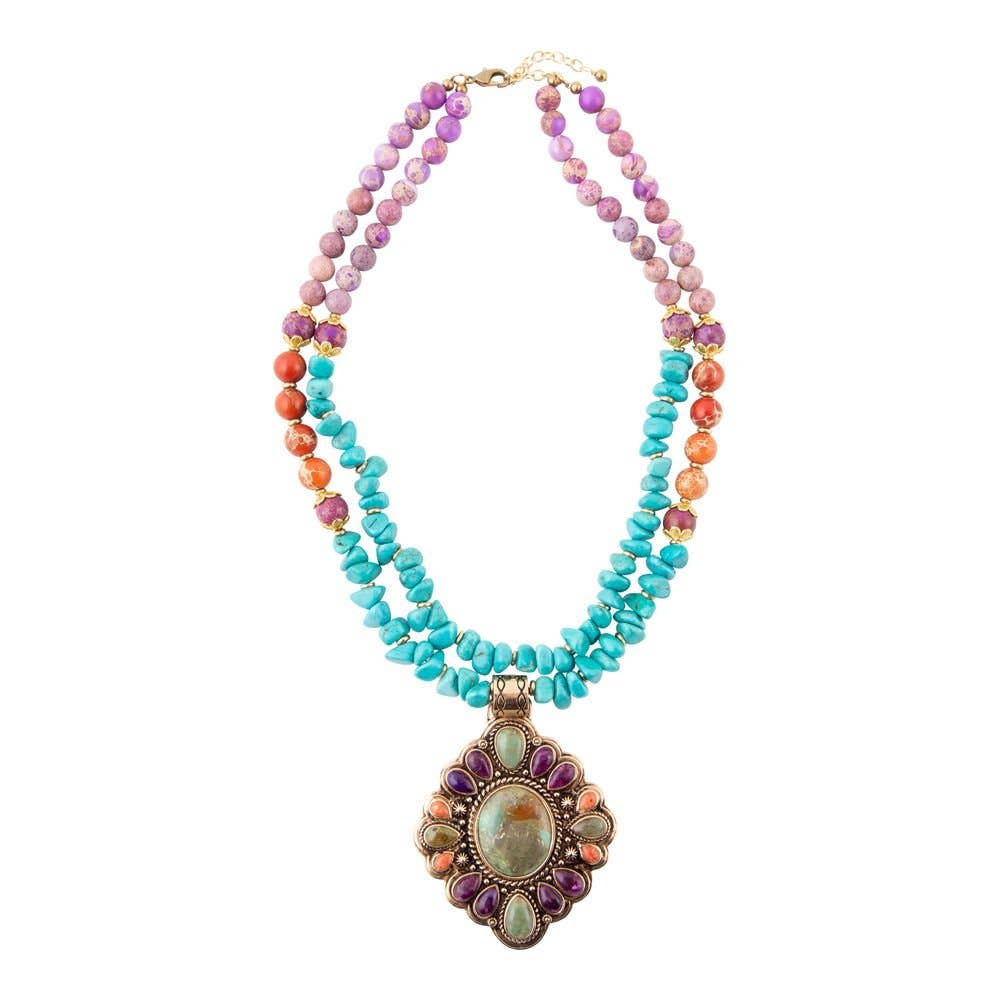 Prescott Blue Turquoise Purple and Orange Statement Pendant Golden Necklace PRSCN01PMUB
