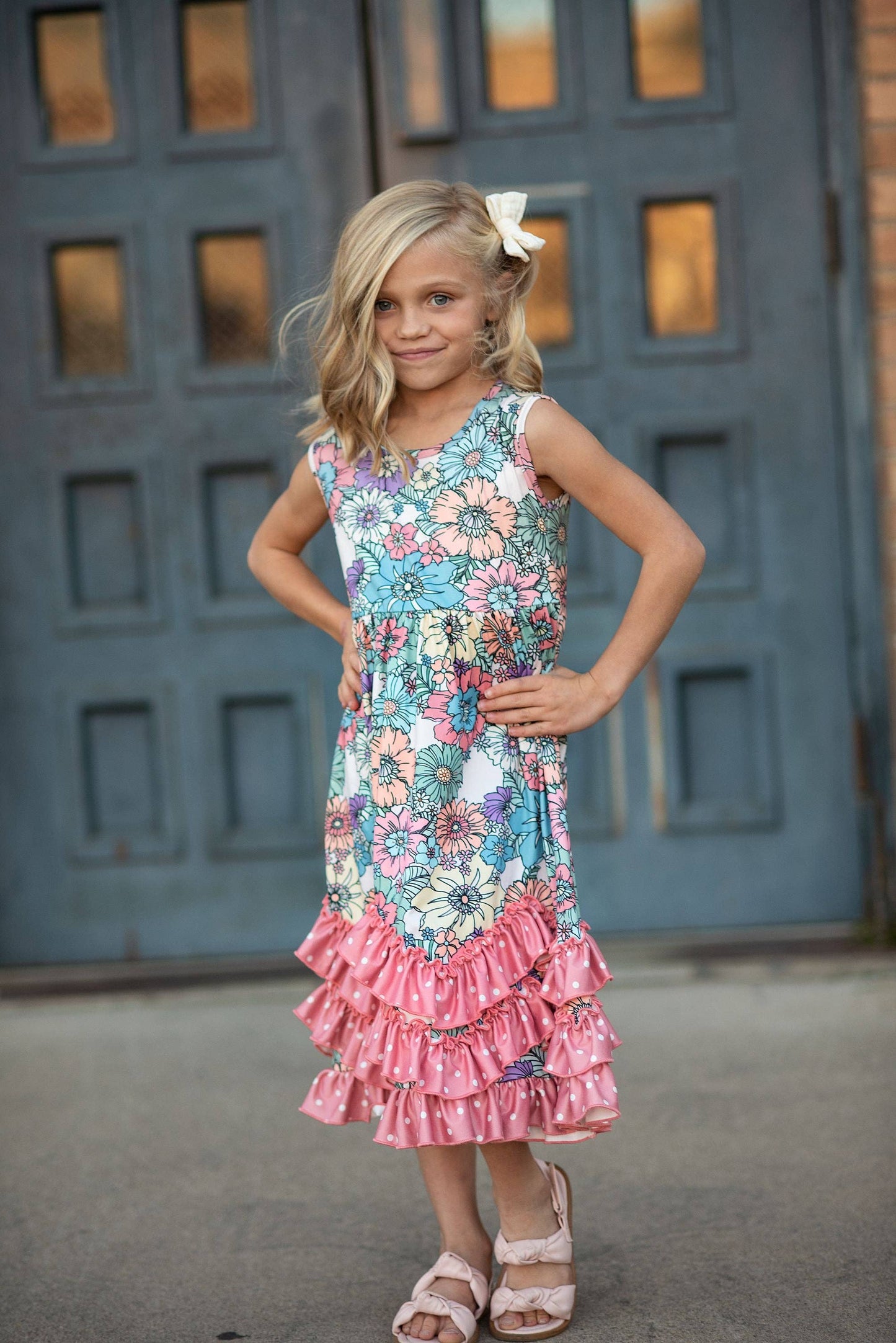 Girls Pastel Pink Floral 3 Ruffle Spring Summer Easter Dress 117338602