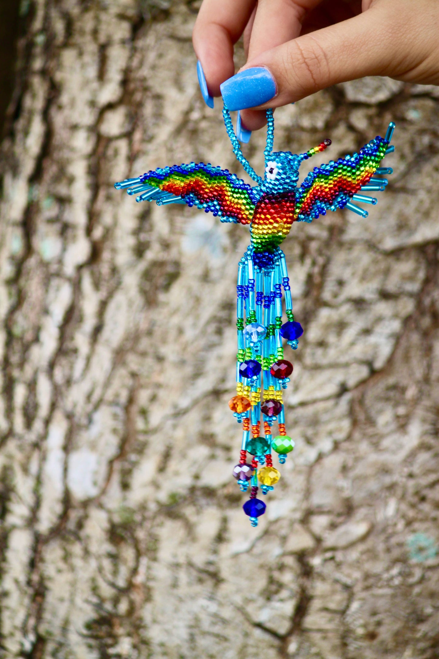Beaded Hummingbird Ornament Seed Bead Figurine Fringe Dangle