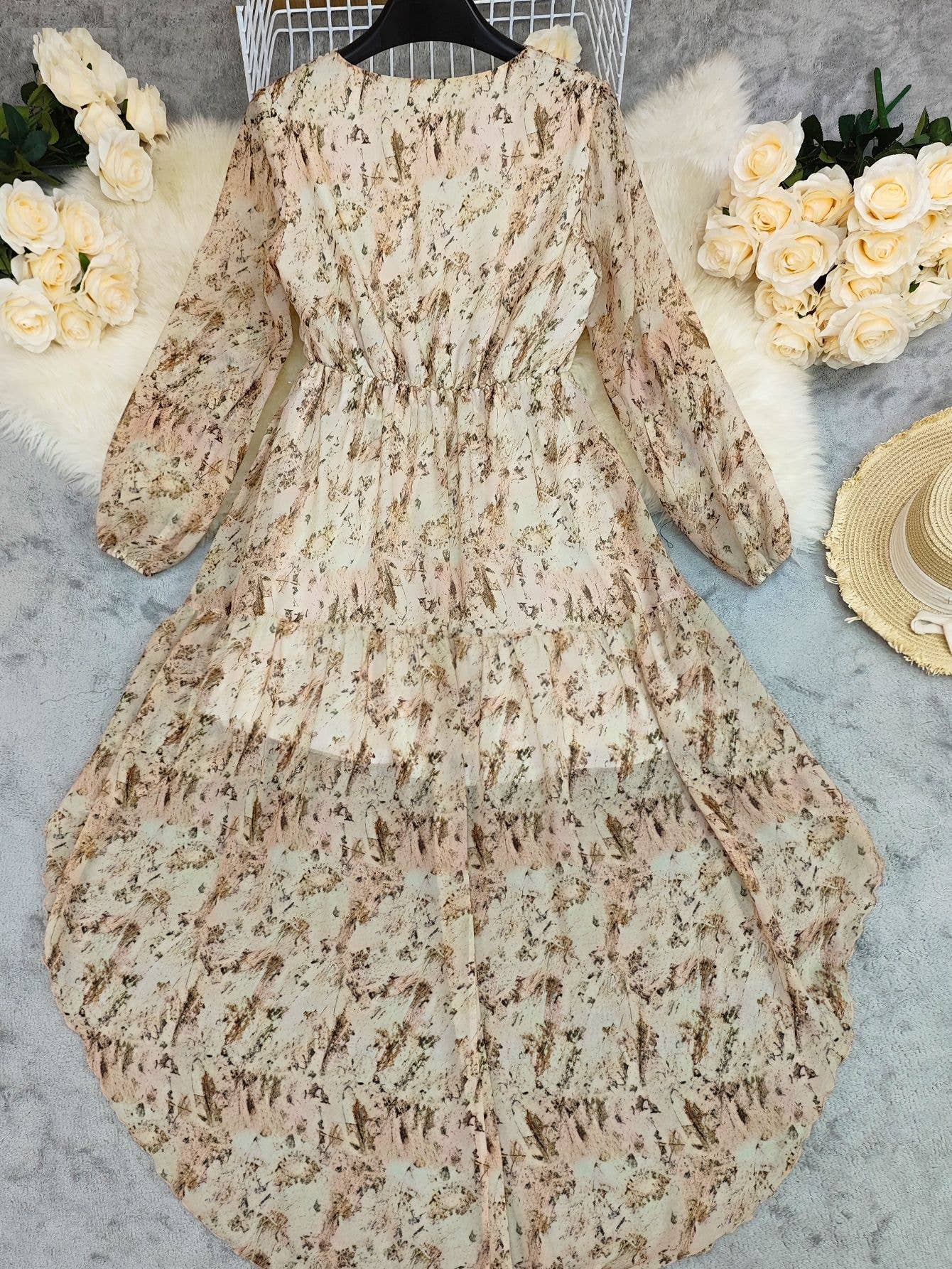 V-Neck Floral Printed Bohemian Layered Dress RCXL05627