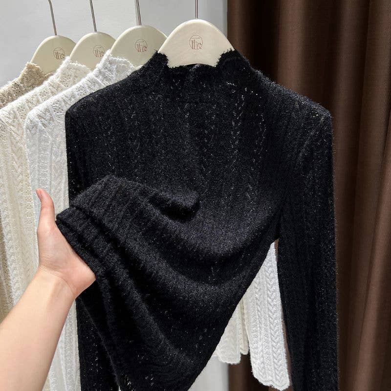 Soft knit Fluffy Texture Lace Mocneck Top Black RCJY05175