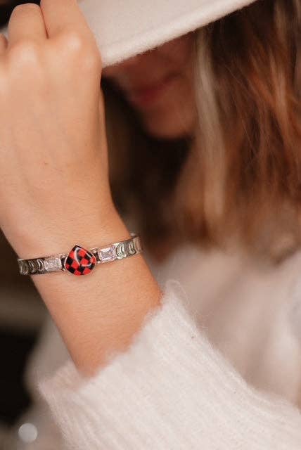 Red Checkered Teardrop & White CZ Cuff J-034