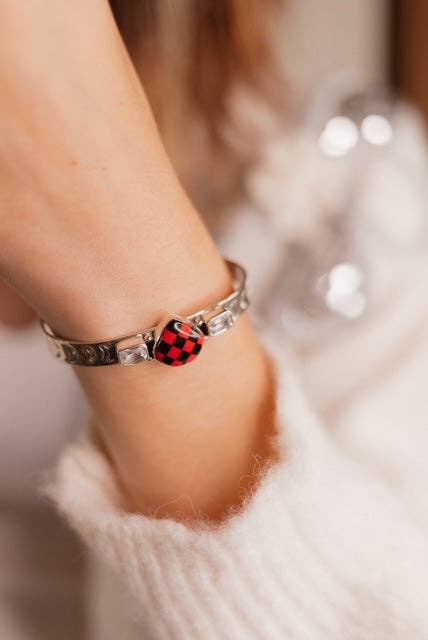 Red Checkered Teardrop & White CZ Cuff J-034