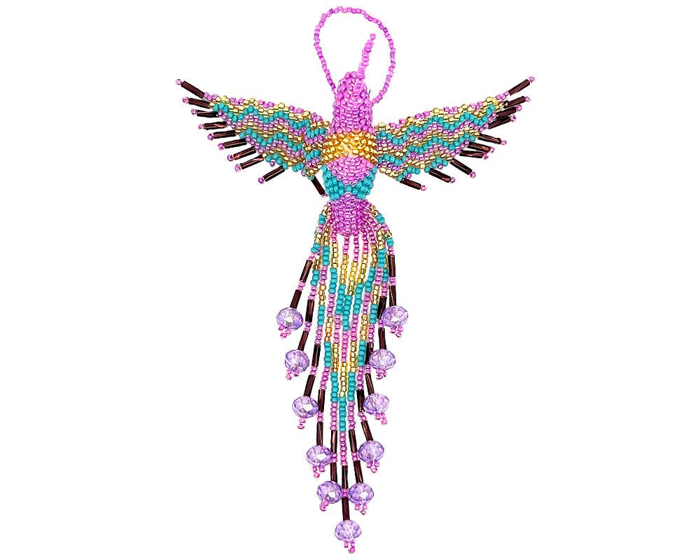 Beaded Hummingbird Ornament Seed Bead Figurine Fringe Dangle