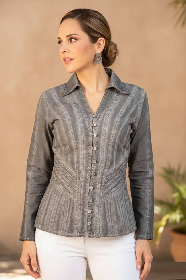 Cotton Blouse Slim-Fit with Contour Stretch Panel LS256
