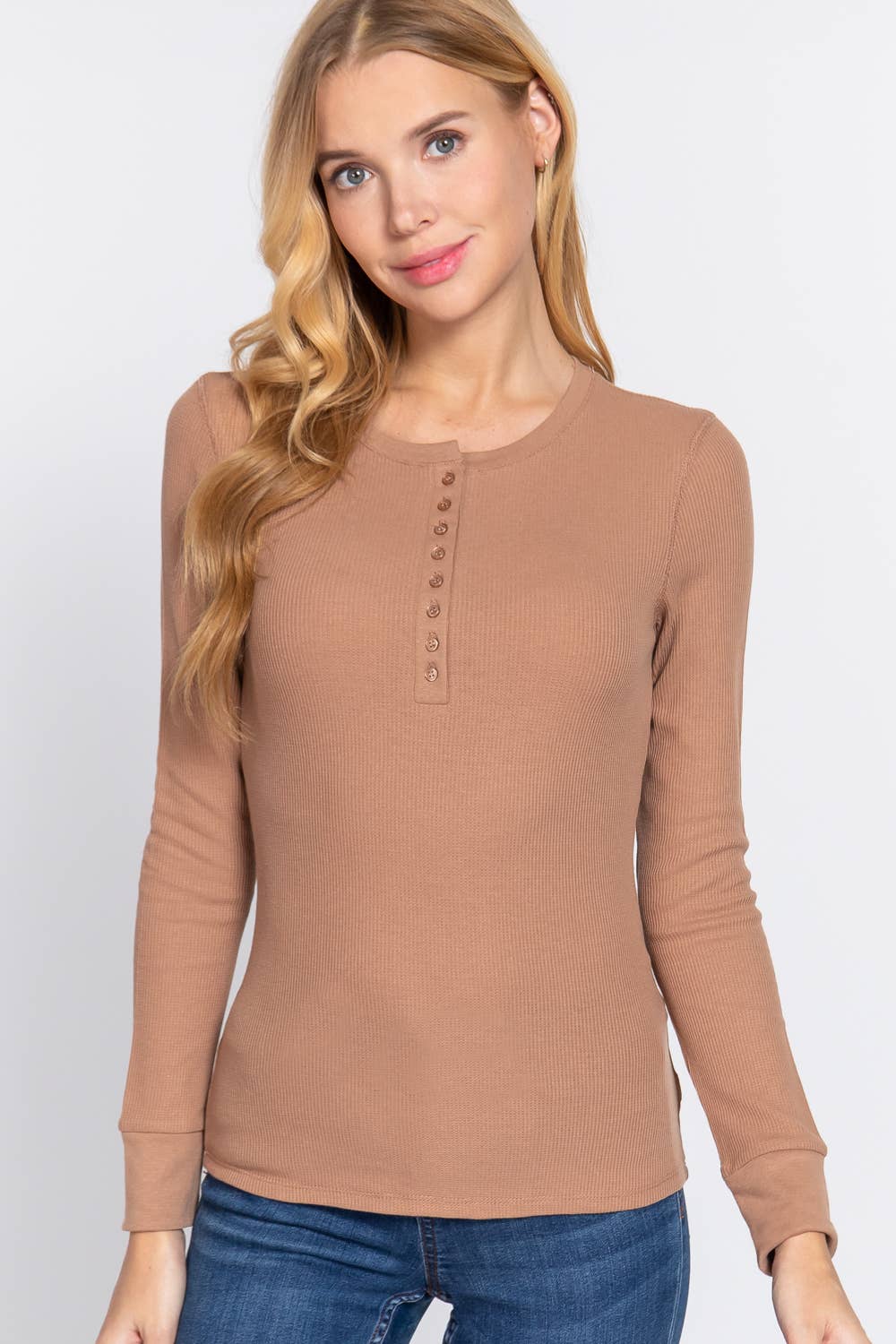 Long Sleeve Henley Thermal Knit Top T11757