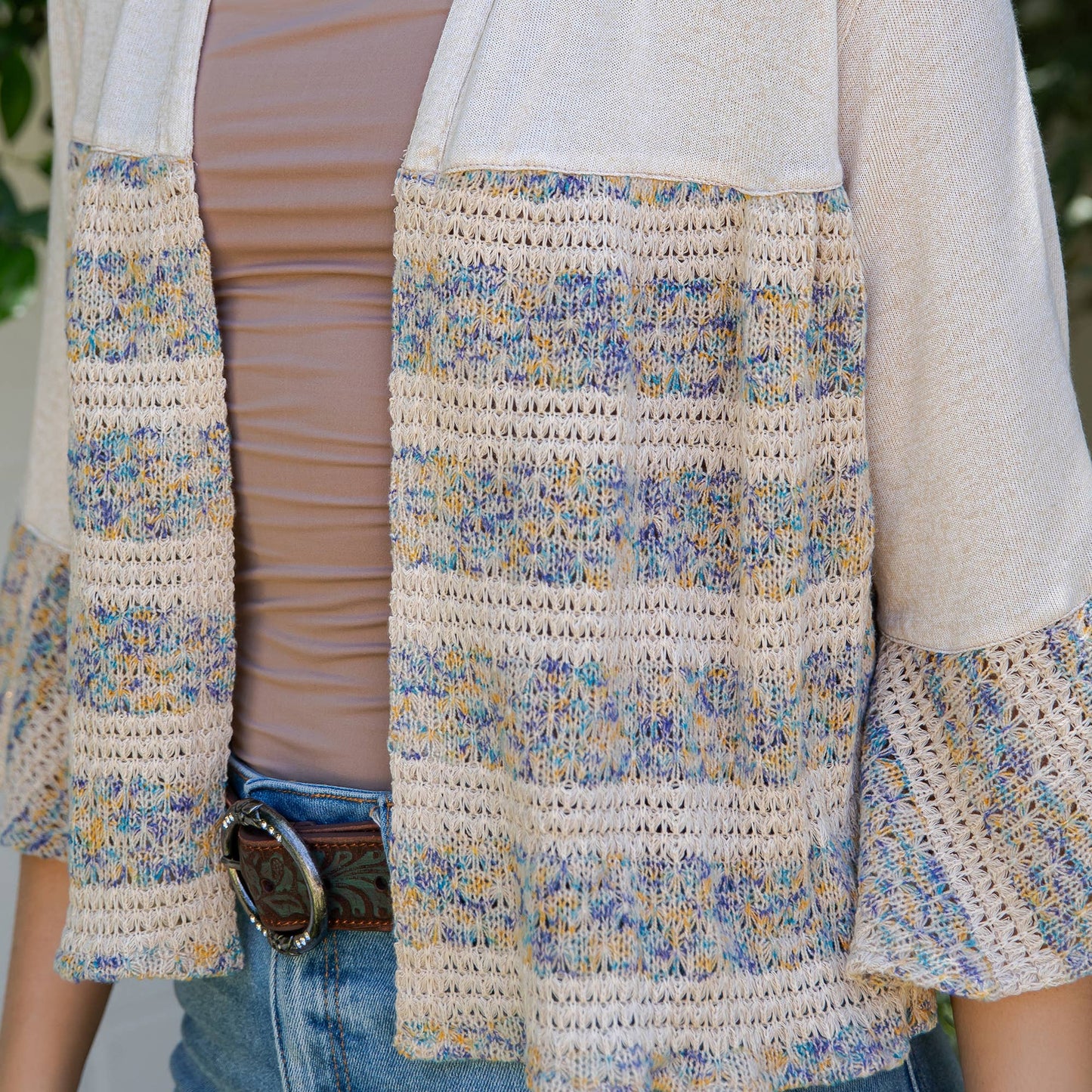 Boho Chic: Tiered Patchwork Denim Cropped Shrug TP44379