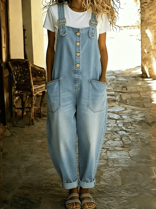 Adjustable Strap Pockets Button Denim Overalls RCWJ05778